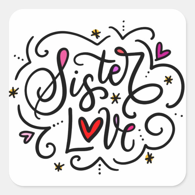 Sticker Carré Soeur Amour, lettré à la main (Devant)