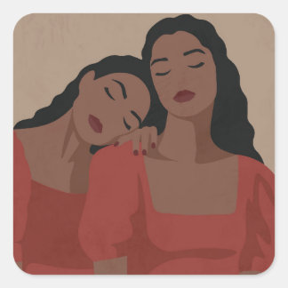 Sticker Carré Soeurs noires en rouge, style boho