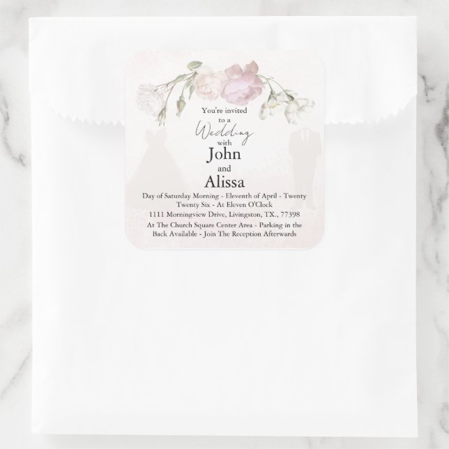 Sticker Carré Soft Pink Roses & Bride and Groom Collection (Sac)