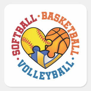 Sticker Carré Softball Basketball Volleyball Coeur Trois Sports