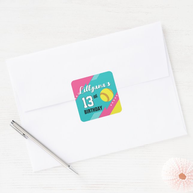 Sticker Carré Softball rose Turquoise Jaune Enveloppe fête d'ann (Enveloppe)