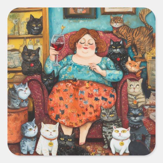 Sticker Carré Soirée cosy avec dame sans chats (Devant)
