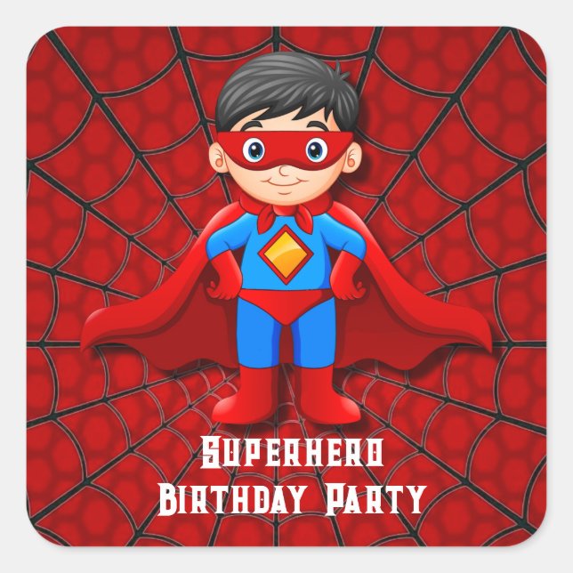 Sticker Carré Soirée d'anniversaire SuperHero Boy (Devant)