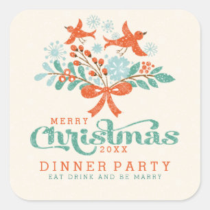 Sticker Carré Soirée de Noël et dîner aux oiseaux mignons