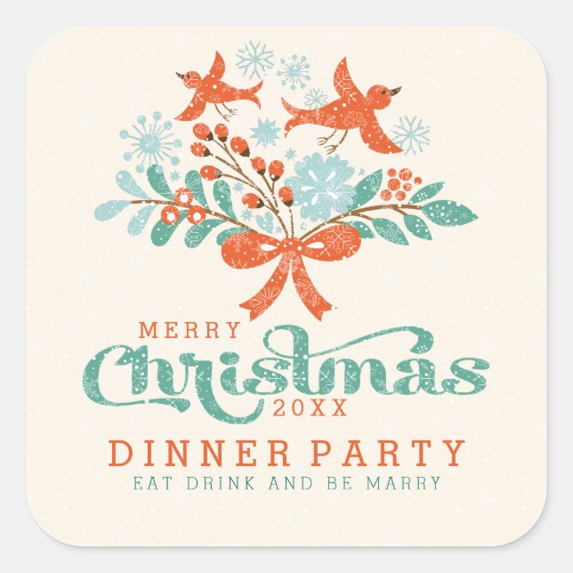 Sticker Carré Soirée de Noël et dîner aux oiseaux mignons (Devant)