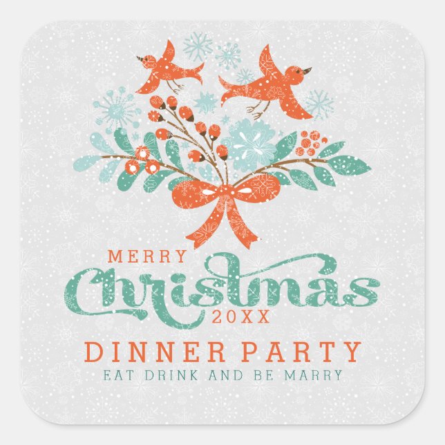 Sticker Carré Soirée de Noël et dîner aux oiseaux mignons (Devant)