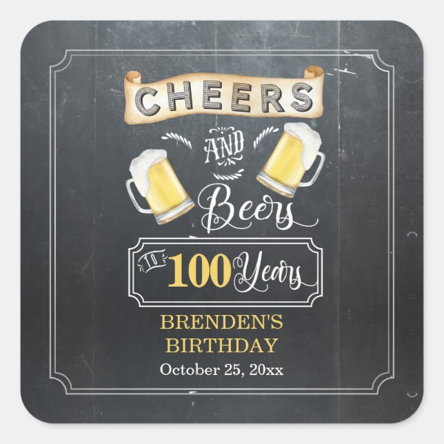 Sticker Carré Soirées et bières à 100 ans fête d'anniversaire (Devant)