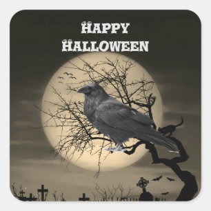 Sticker Carré Sombre corbeau d'Halloween dans l'arbre