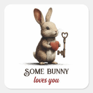 Sticker Carré Some Bunny t'aime Vintage avec clé à cœur