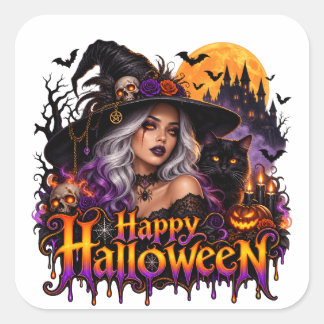 Sticker Carré Sorcier gothique Joyeux Halloween
