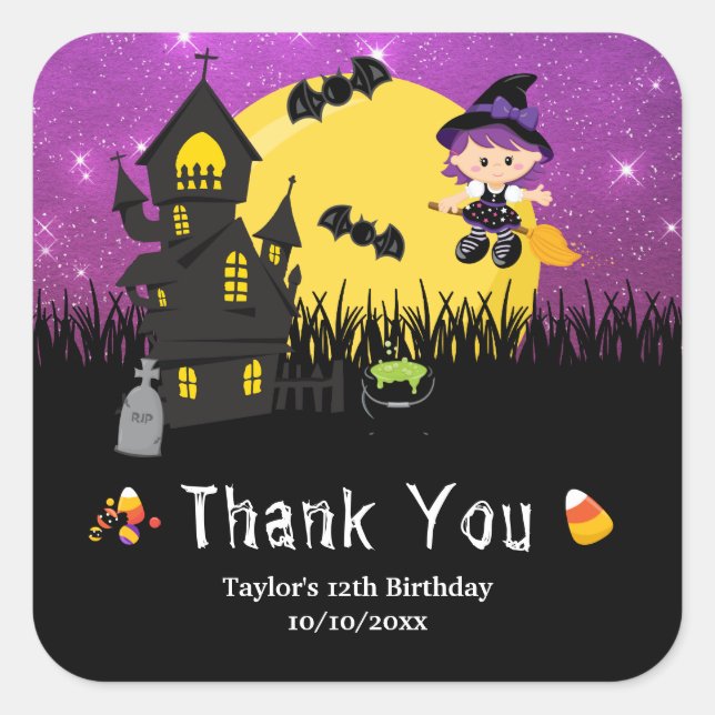 Sticker Carré Sorcière de fête d'anniversaire d'Halloween violet (Devant)
