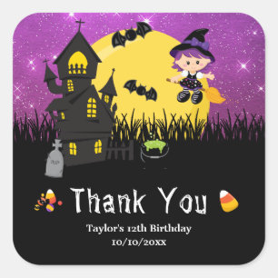 Sticker Carré Sorcière de fête d'anniversaire d'Halloween violet