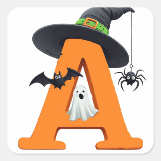 Sticker Carré Sorcière d'Halloween Lettre A Chaudron Balai 🎃