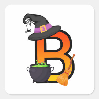 Sticker Carré Sorcière d'Halloween Lettre B Chaudron Chapeau 🎃
