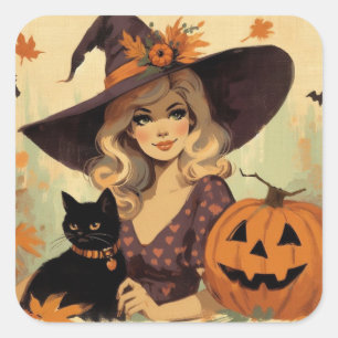 Sticker Carré Sorcière d'Halloween rétro et Chat noir Éffrayant