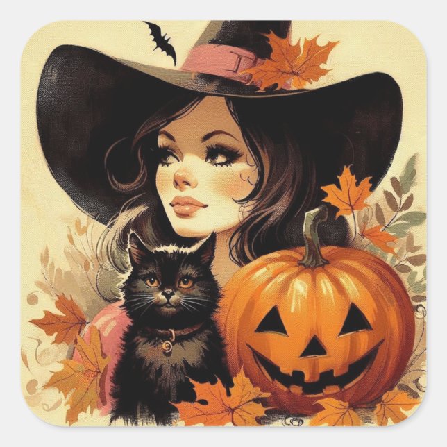 Sticker Carré Sorcière d'Halloween rétro et Chat noir Éffrayant (Devant)