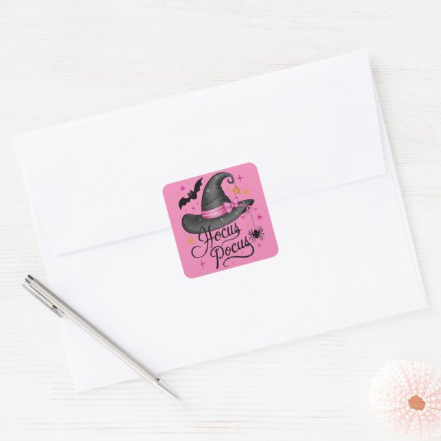 Sticker Carré Sorcière d'Halloween rose et noir (Enveloppe)