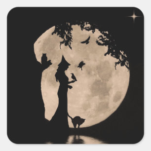 Sticker Carré Sorcière et familiers Halloween mignonne