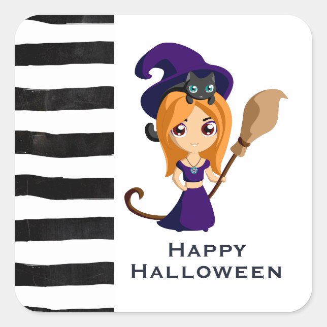 Sticker Carré Sorcière mignonne en Casquette violet Halloween (Devant)
