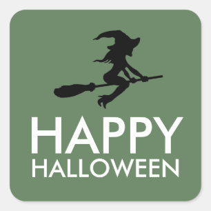 Sticker Carré Sorcière Sur Broomstick, Bonne Halloween