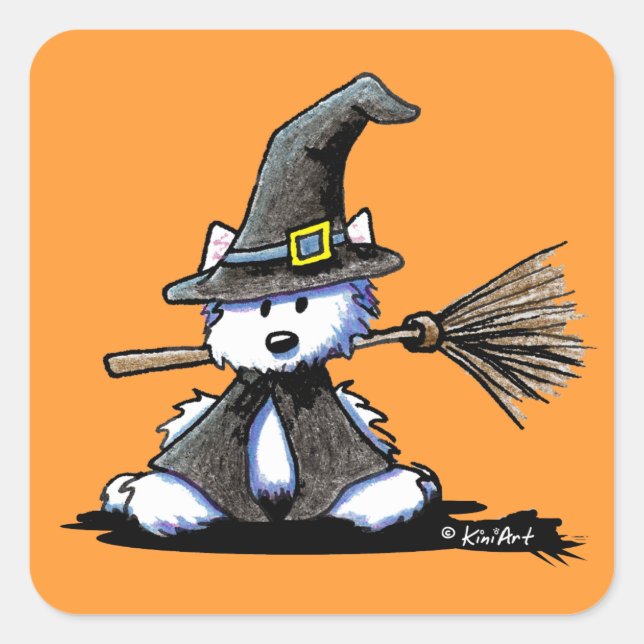 Sticker Carré Sorcière Westie KiniArt Halloween (Devant)