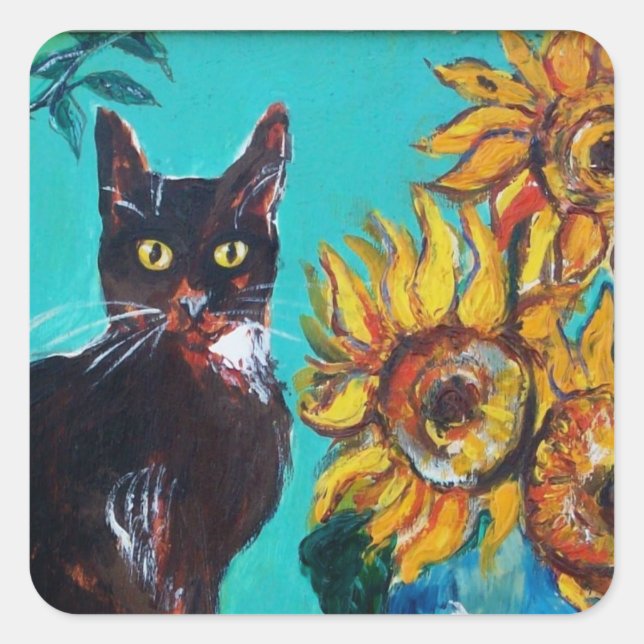 STICKER CARRÉ SOUCHES AVEC CHAT NOIR EN TURQUOISE BLEUE (Devant)