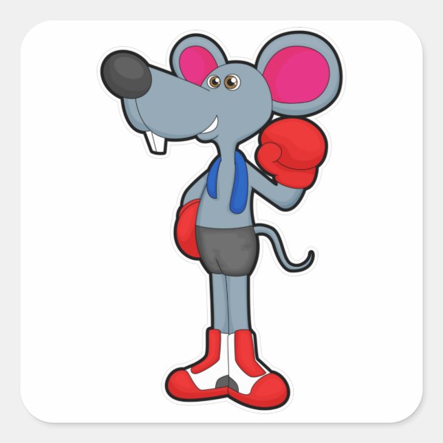 Sticker Carré Souris à Boxing avec gants de Boxing (Devant)