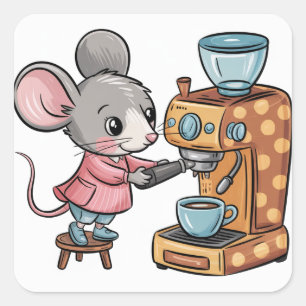 Sticker Carré Souris adorable faisant du café
