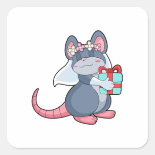 Sticker Carré Souris comme mariée avec voile et cadeau.PNG