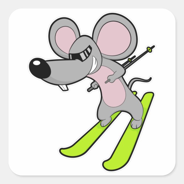 Sticker Carré Souris comme skieur avec ski (Devant)
