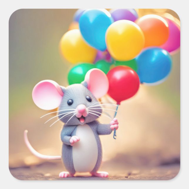 Sticker Carré Souris D'Anniversaire Avec Ballons (Devant)