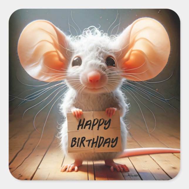 Sticker Carré Souris d'anniversaire avec panneau en carton (Devant)