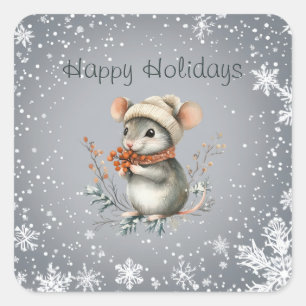 Sticker Carré Souris d'hiver mignonne aux baies