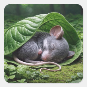 Sticker Carré Souris dormant dans une feuille verte