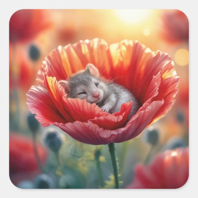 Sticker Carré Souris dormant dans une fleur rouge (Devant)