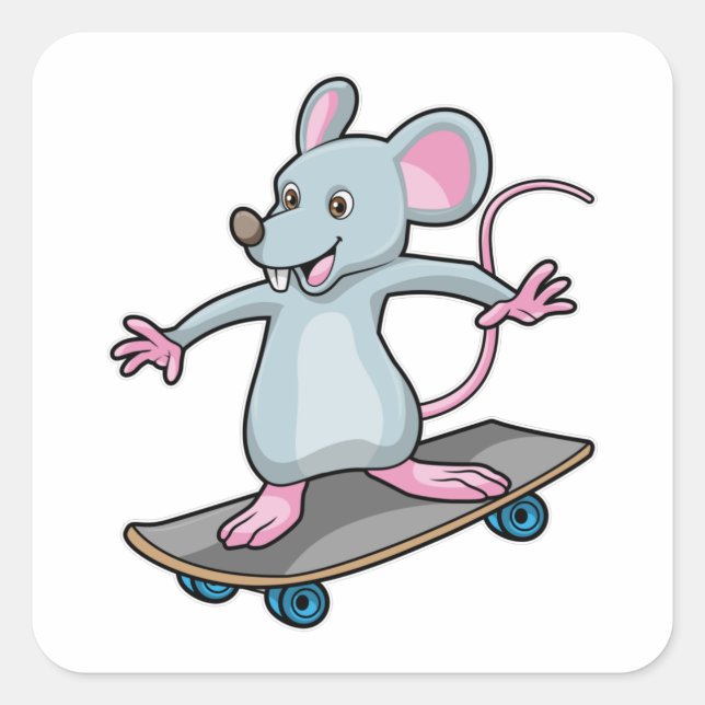 Sticker Carré Souris en skate avec skateboard (Devant)