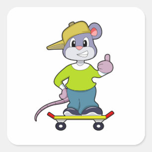Sticker Carré Souris en skate avec skateboard