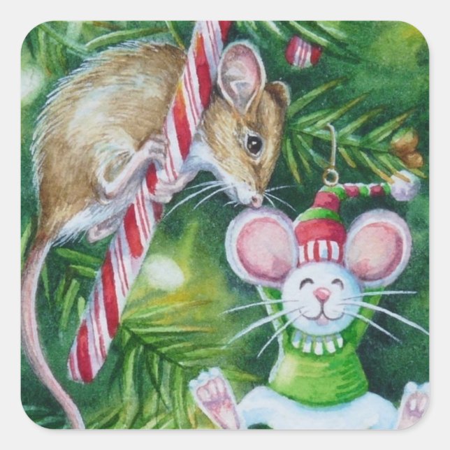 Sticker Carré Souris et Arbre de Noël Aquarelle Art (Devant)
