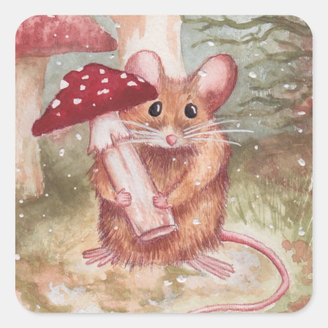 Sticker Carré Souris et champignon de vacances (Devant)