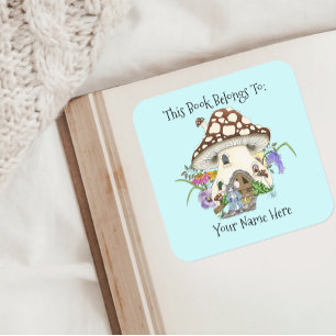 Sticker Carré Souris fantaisiste Maison Champignon Fleur Bleue