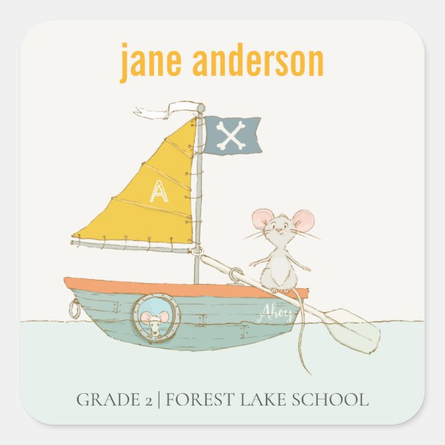 Sticker Carré Souris Pirate Élégante Sailboat Kids Monogramme (Devant)