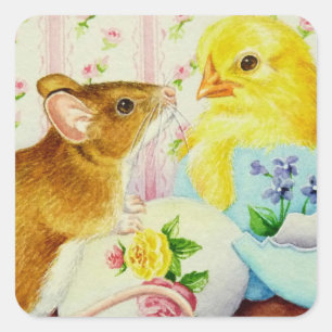 Sticker Carré Souris rencontre bébé poussette Pâques aquarelle a