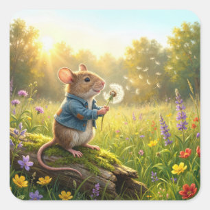 Sticker Carré Souris soufflant sur des semis de pissenlit