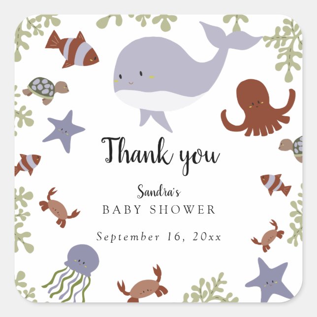 Sticker Carré Sous le Baby shower marin Cute Custom Kawaii (Devant)