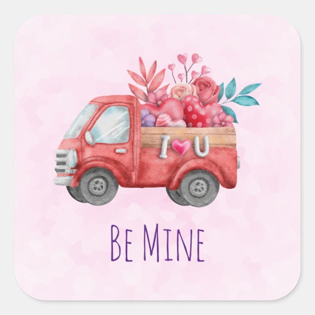 Sticker Carré Soyez mien Rouge Aimer Camion Aquarelle (Devant)