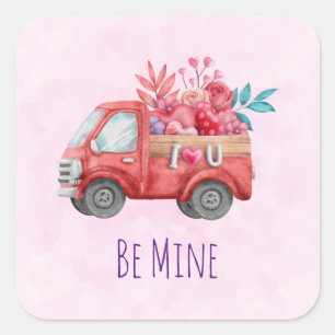 Sticker Carré Soyez mien Rouge Aimer Camion Aquarelle