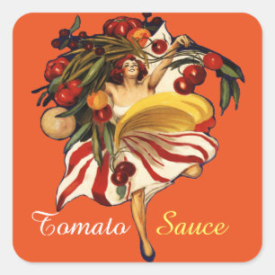 STICKER CARRÉ SPAGHETTI FÊTE DANSE, SAUCE DE TOMATE DE CUISINE I