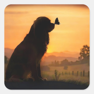 Sticker Carré Spaniel Cuisinier Mignon au Coucher de Soleil Avec