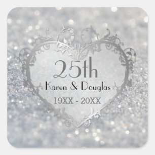 Sticker Carré Sparkle Coeur d'argent 25e anniversaire Mariage