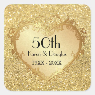 Sticker Carré Sparkle Gold Heart 50e anniversaire de Mariage